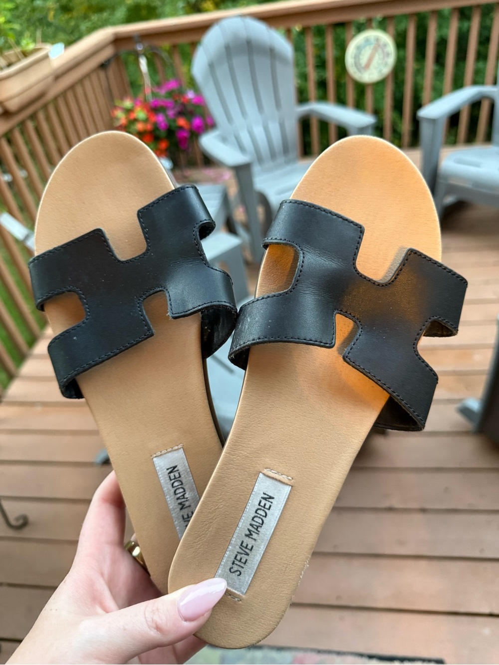 Steve Madden Black Leather Slide Sandals with Tan Footbed